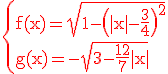 3$ \rm \red \{f(x)=\sqrt{1-\(|x|-\frac{3}{4}\)^2}\\g(x)=-\sqrt{3-\frac{12}{7}|x|}